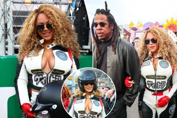 Beyonce arrives at F1 in form fitting racing gear