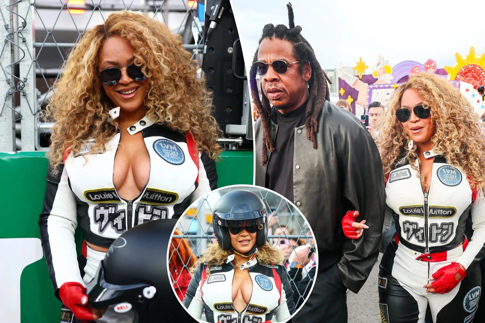 Beyonce arrives at F1 in form fitting racing gear