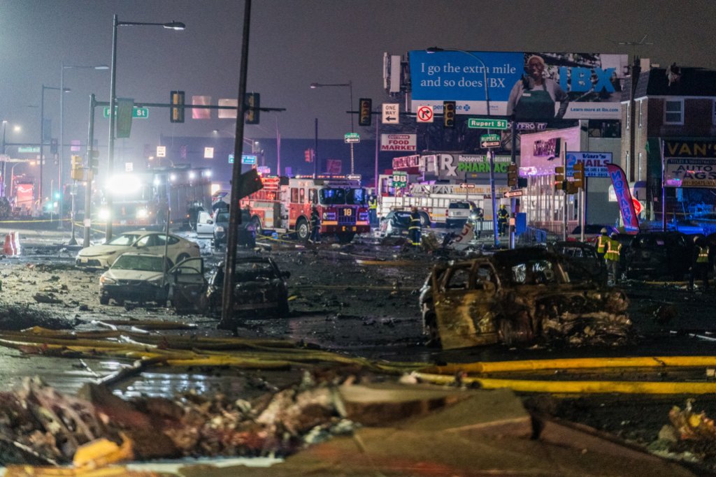 PHILADELPHIA, UNITED STATES - JANUARY 31: A view of the wreckage from a small plane after it crashed in a residential area in the US city of Philadelphia on January 31, 2025. (Photo by Thomas Hengge/Anadolu via Getty Images)