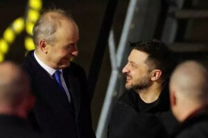 Taoiseach Micheal Martin speaks to Ukrainian President Volodymyr Zelensky at Dublin Airport