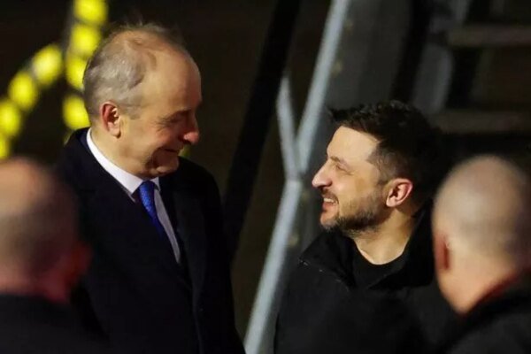 Taoiseach Micheal Martin speaks to Ukrainian President Volodymyr Zelensky at Dublin Airport