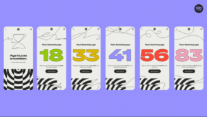 Examples of 'listening ages' shown in 2025's Spotify Wrapped. Six smartphone screens are arranged from left to right. The one on the far left says: 'Age is just a number.' The other five screens say at the top, 'Your listening age,' followed by an age: 18, 33, 41, 56 and 83.