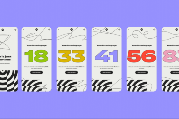 Examples of 'listening ages' shown in 2025's Spotify Wrapped. Six smartphone screens are arranged from left to right. The one on the far left says: 'Age is just a number.' The other five screens say at the top, 'Your listening age,' followed by an age: 18, 33, 41, 56 and 83.